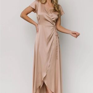 Baltic Born Krystal Satin Wrap High Low Dress in Champagne